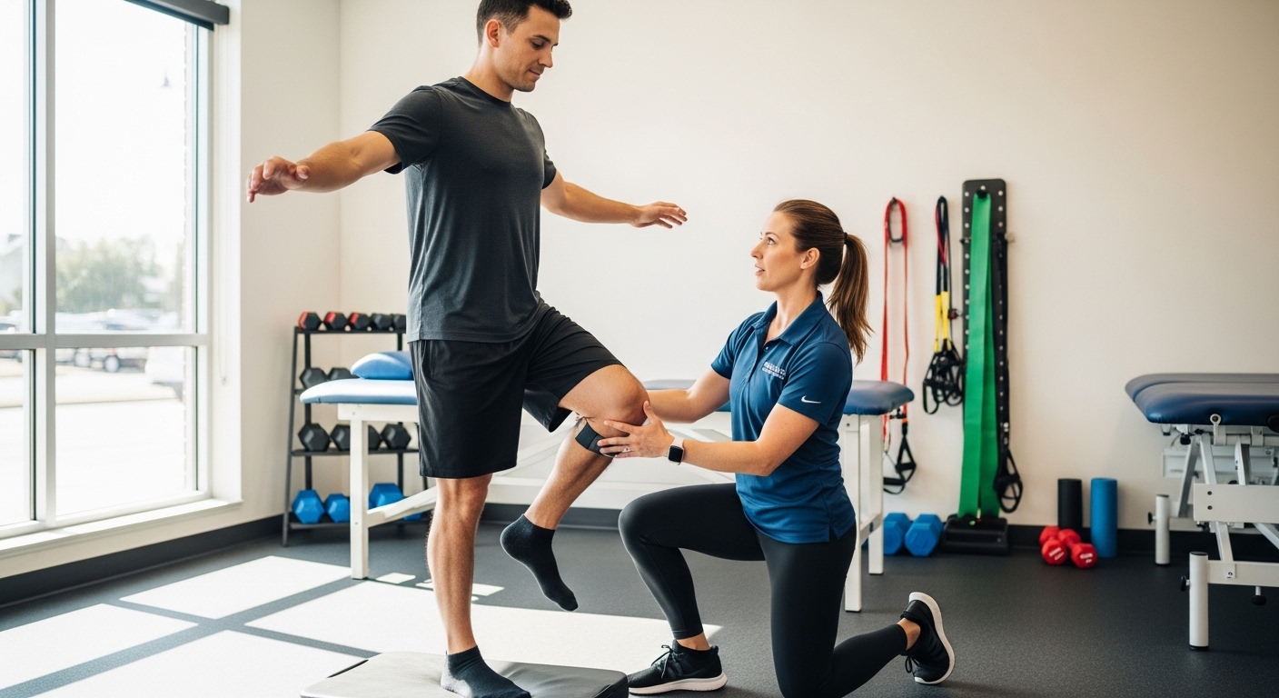 Physical therapist coaching landing and balance drills for ACL injury prevention for female athletes