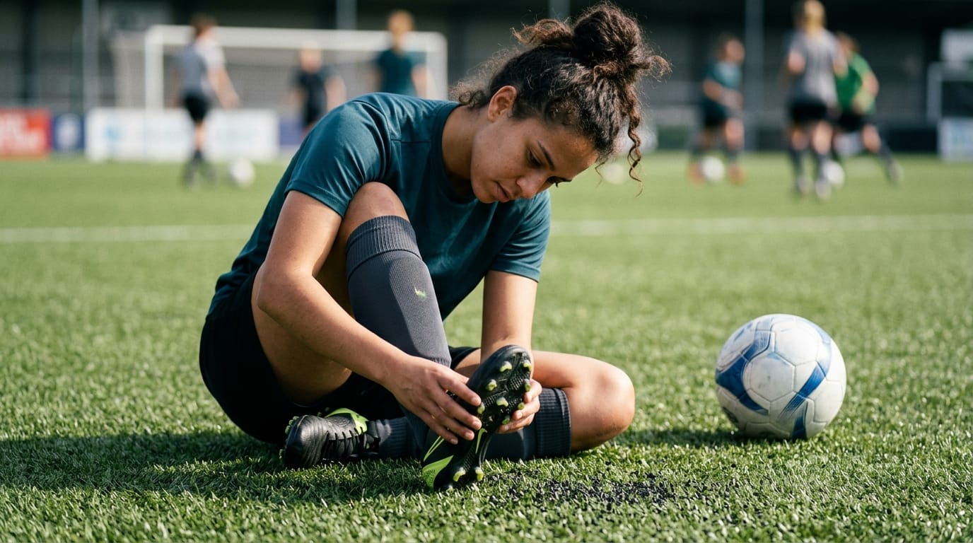 Athlete checking cleats before playing on artificial turf to reduce injury risk