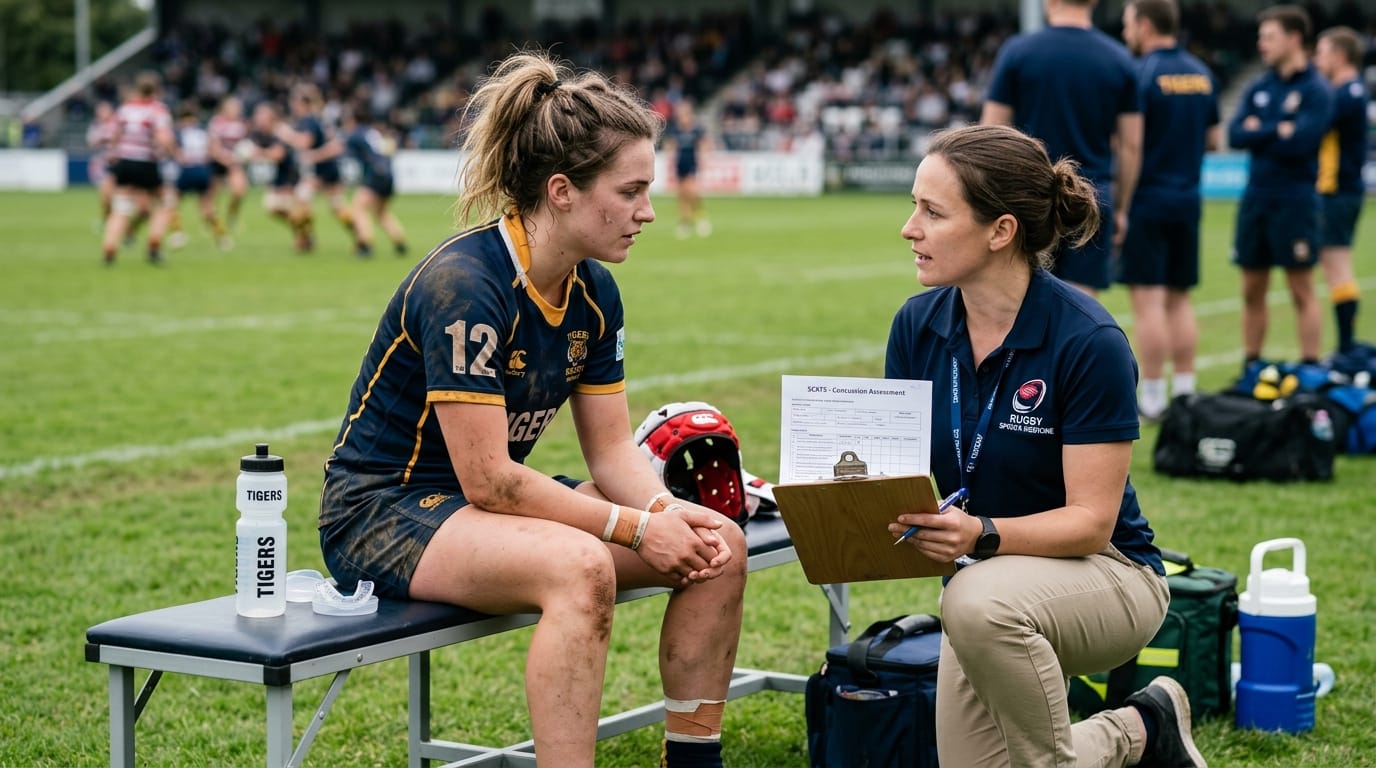Female rugby athlete being checked after a possible head impact