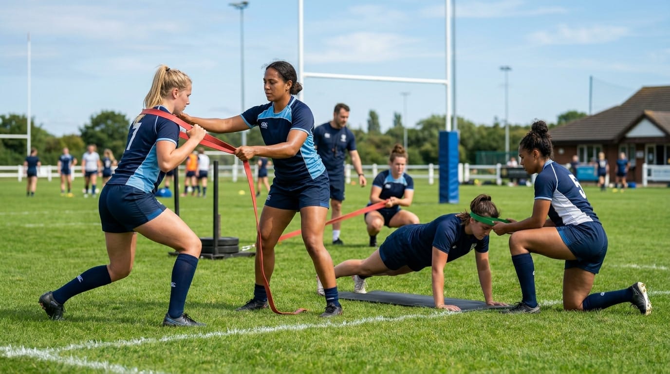 Female rugby players doing strength training to support safer contact and concussion prevention