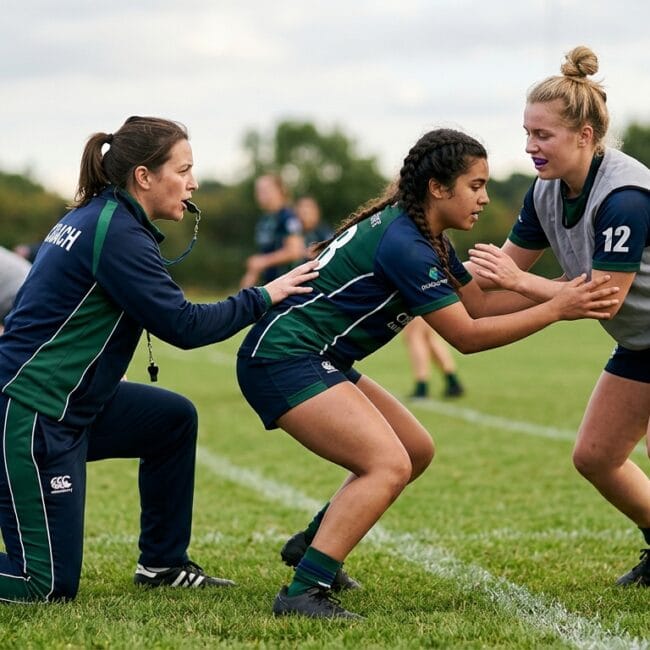 Female rugby players practicing safer tackling to reduce women’s rugby head impacts