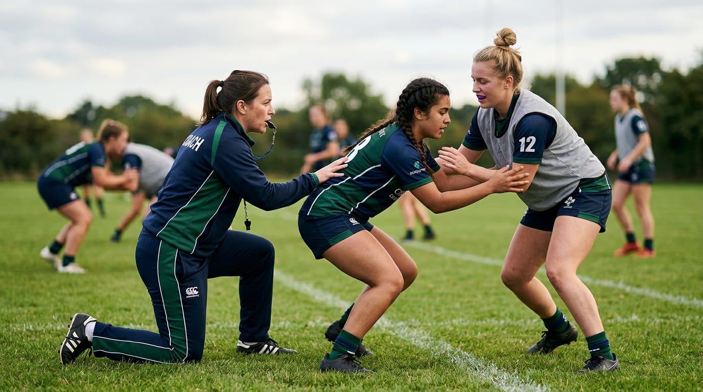 Female rugby players practicing safer tackling to reduce women’s rugby head impacts