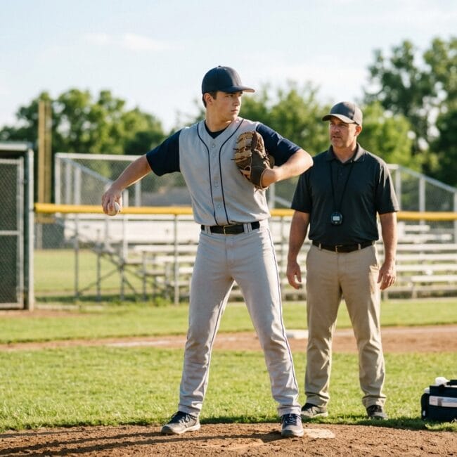 Teen baseball pitcher practicing safer arm care to help prevent youth baseball UCL injuries