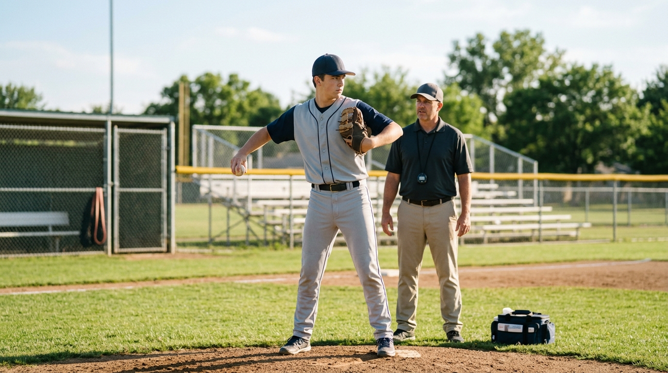 Teen baseball pitcher practicing safer arm care to help prevent youth baseball UCL injuries