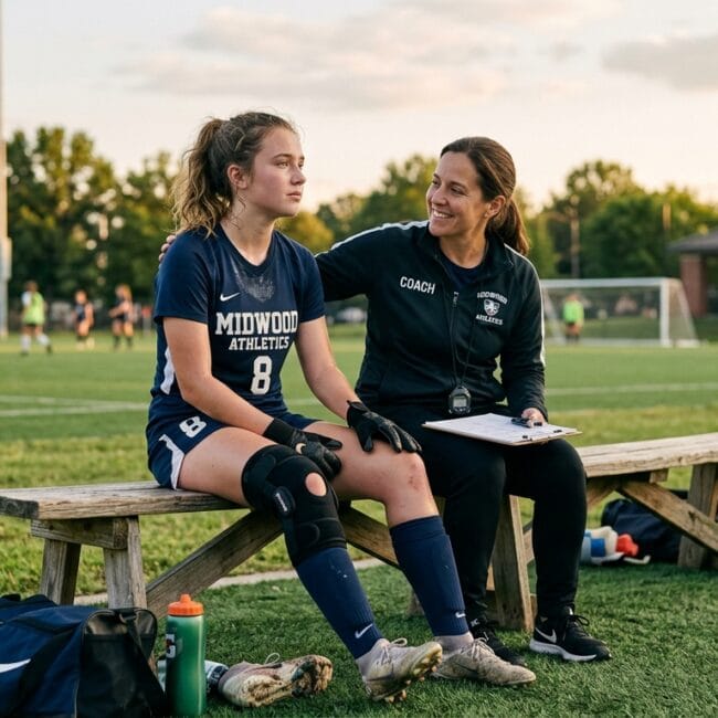 Young athlete receiving support during mental recovery after sports injury