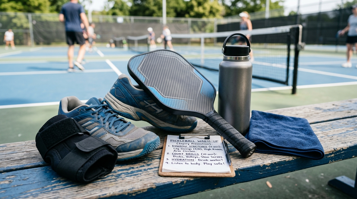 pickleball injury prevention gear with court shoes and warm-up checklist