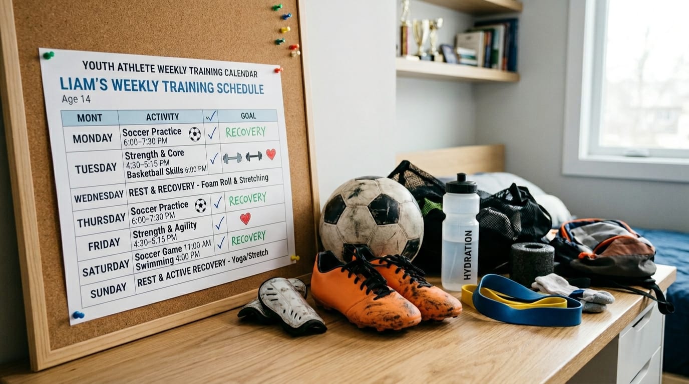 Weekly youth sports training calendar with rest days and load management