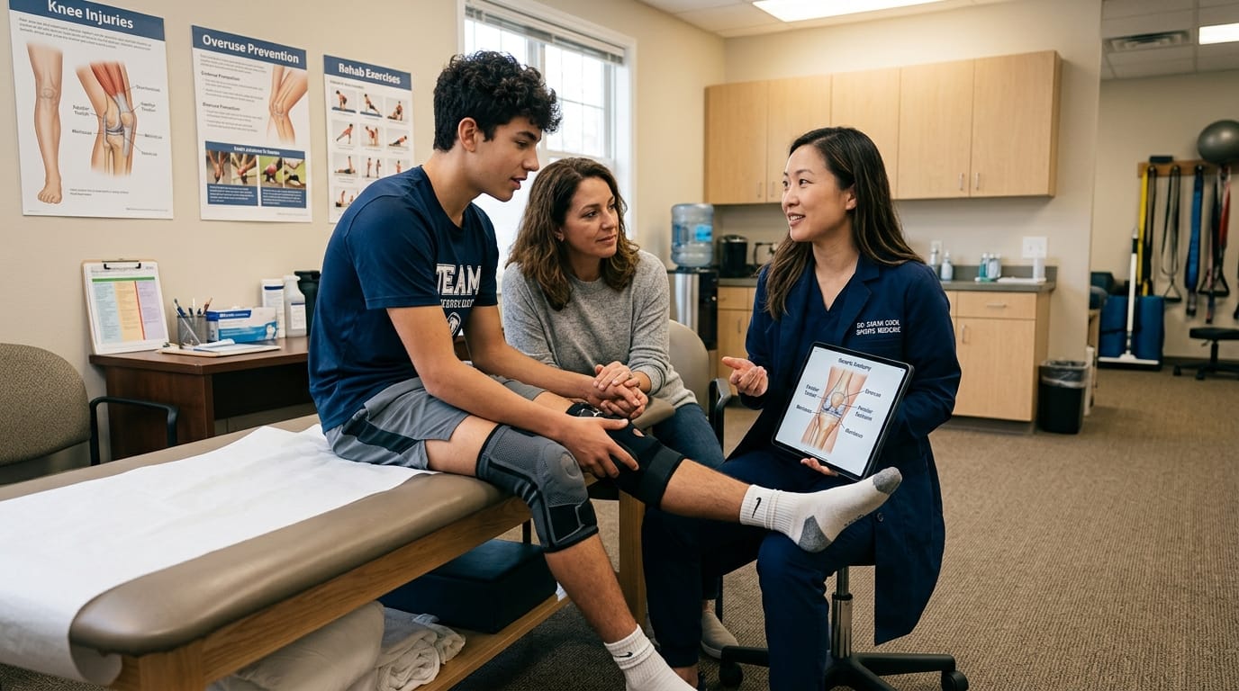 Young athlete discussing overuse injury warning signs with a sports medicine provider