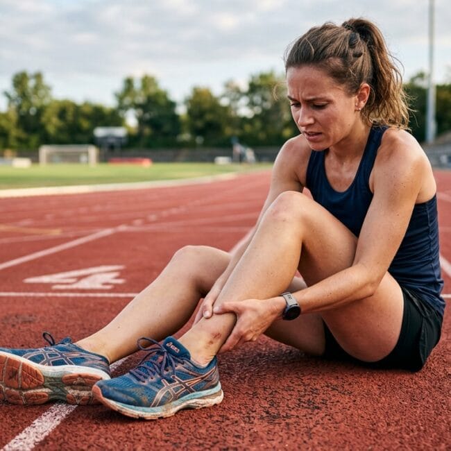 Athlete holding shin pain from a possible bone stress injury