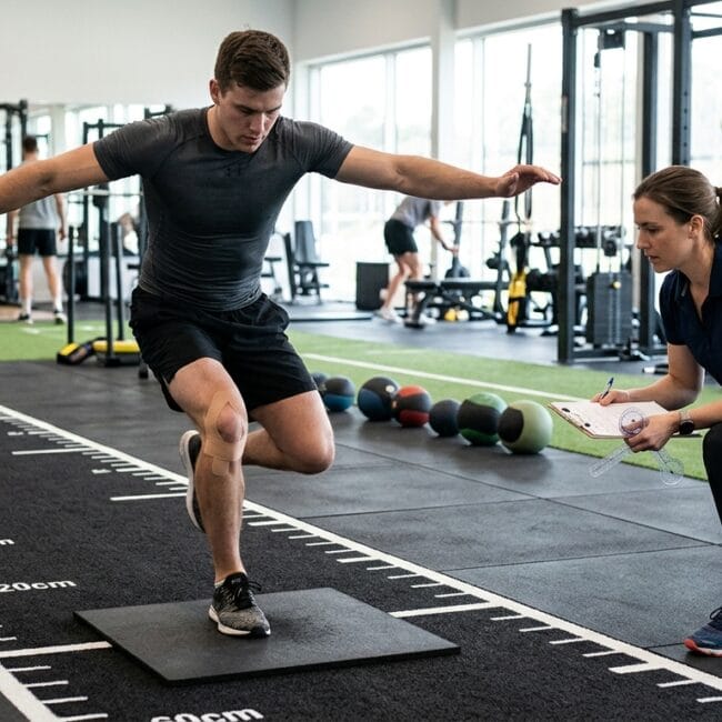 Athlete performing ACL return-to-sport hop testing in rehab clinic