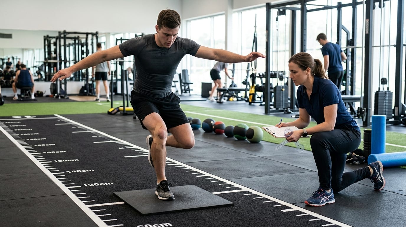 Athlete performing ACL return-to-sport hop testing in rehab clinic