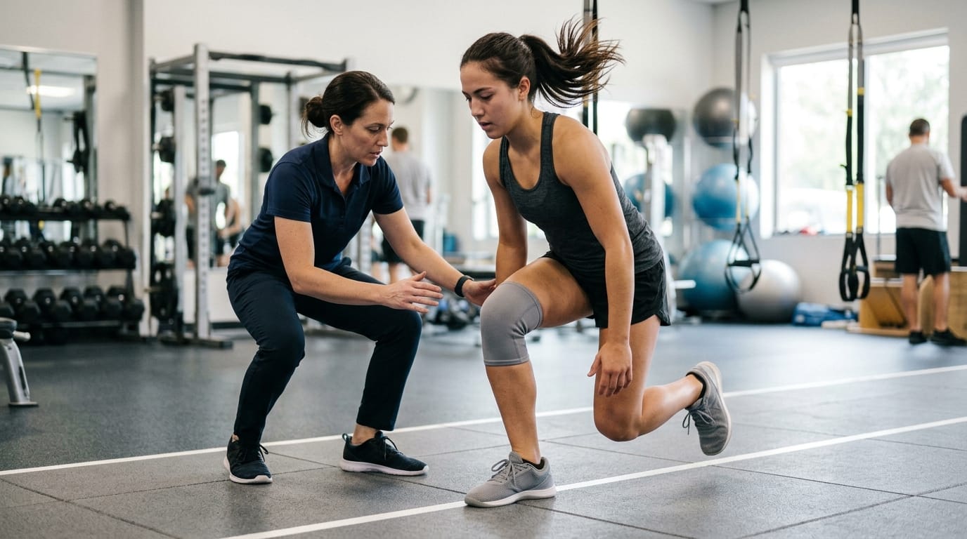 Physical therapist checking knee alignment during ACL landing test