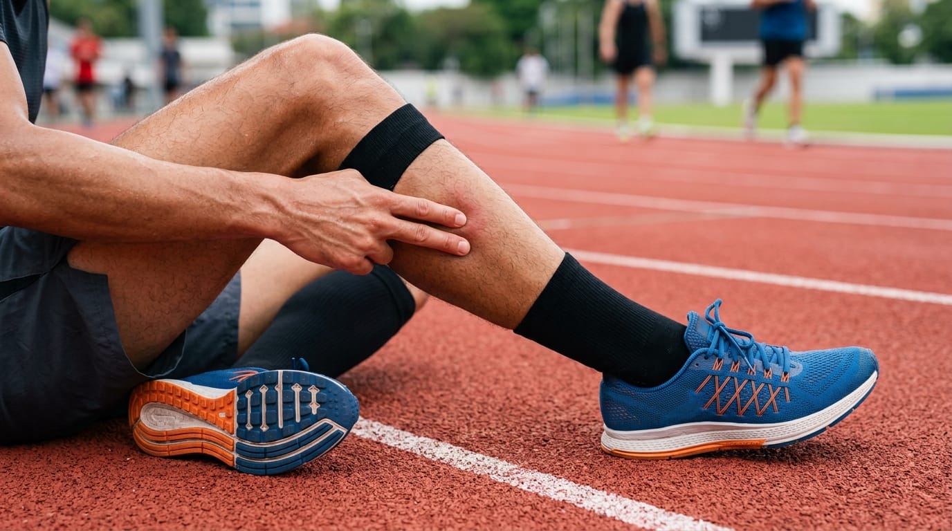 Runner pointing to localized shin pain after training