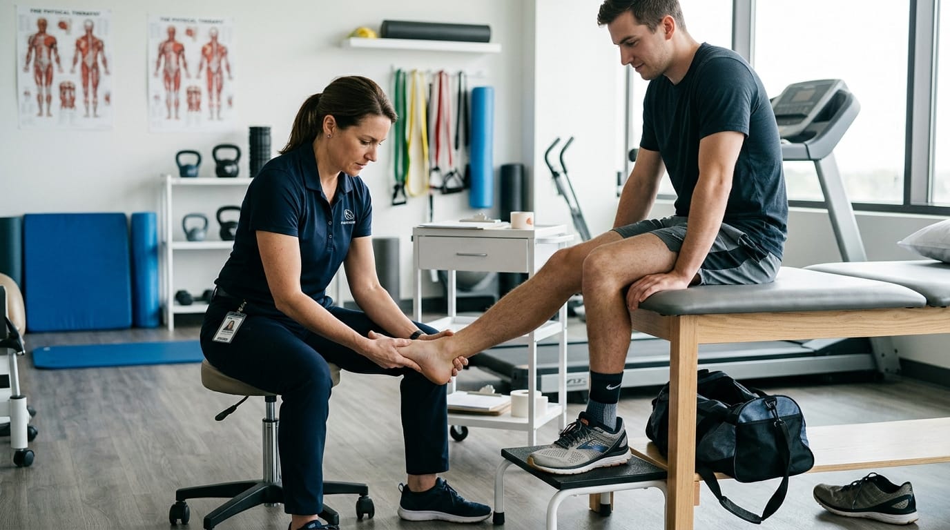 Sports physical therapist assessing ankle stability after a sprain